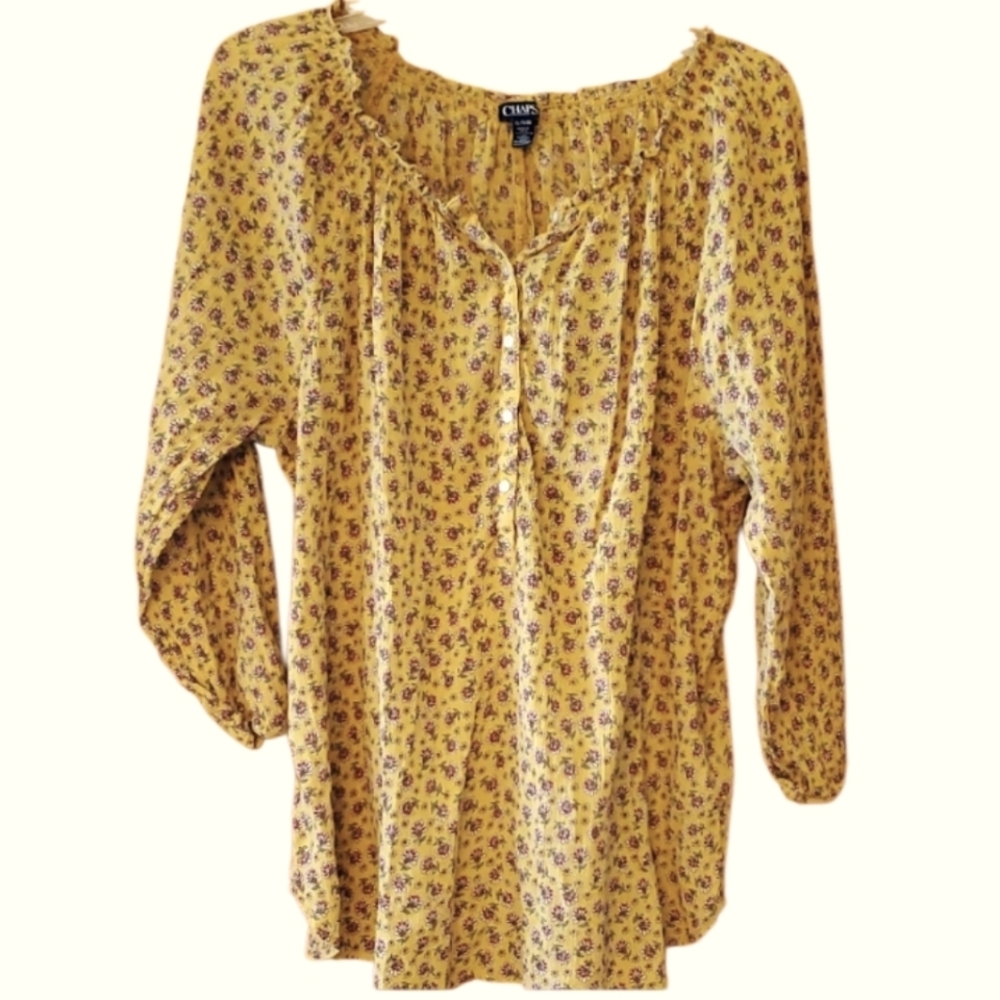 Chaps Mustard Yellow Floral Blouse Size XL